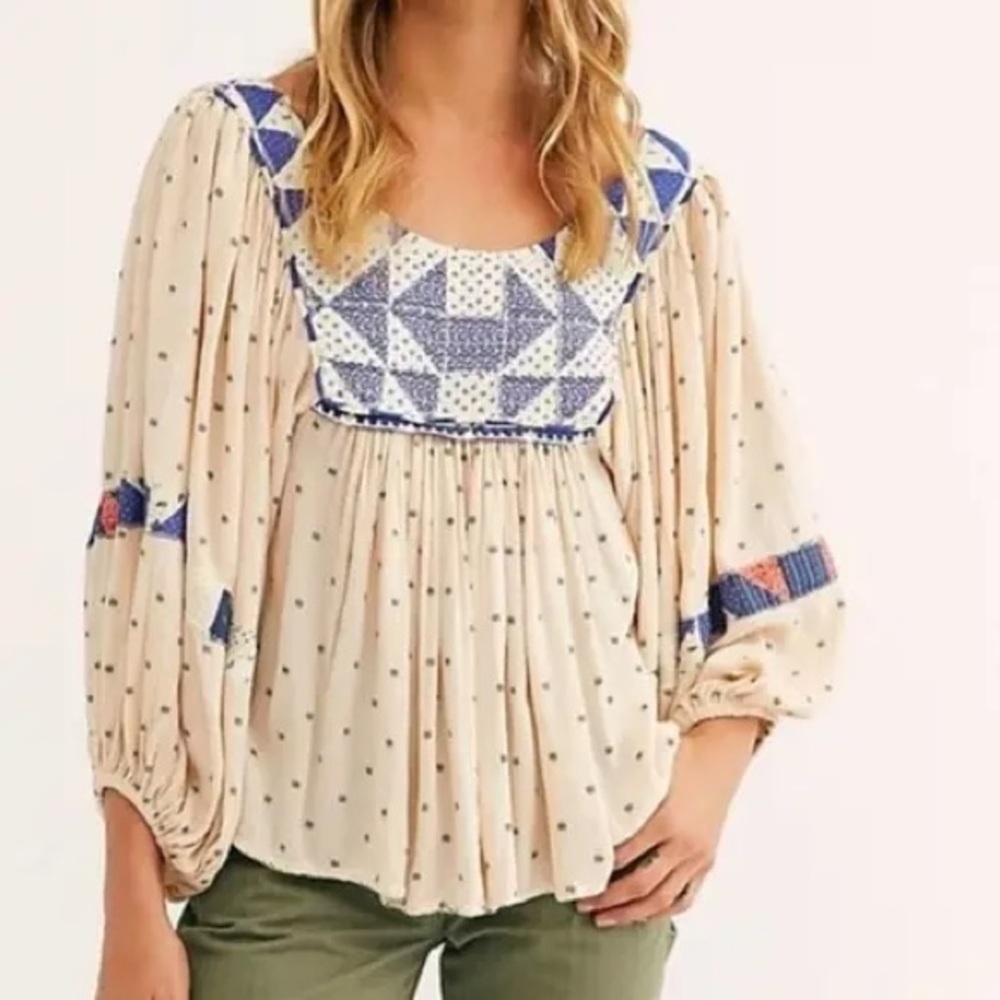 Free People Cream and Blue Patterned Blouse